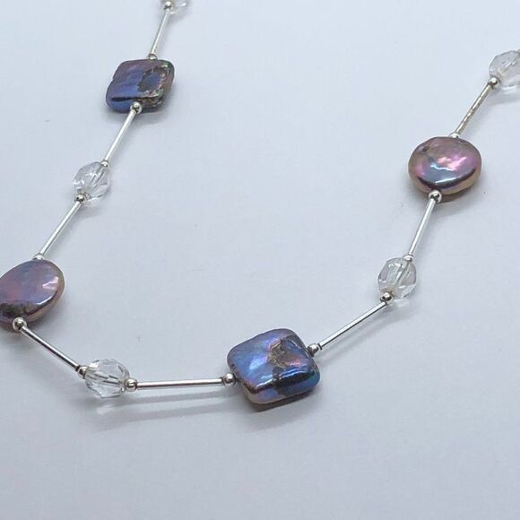 Stunning Sterling Silver, Crystal & Circle/ Square Button Pearl Vintage Necklace - Picture 6 of 7